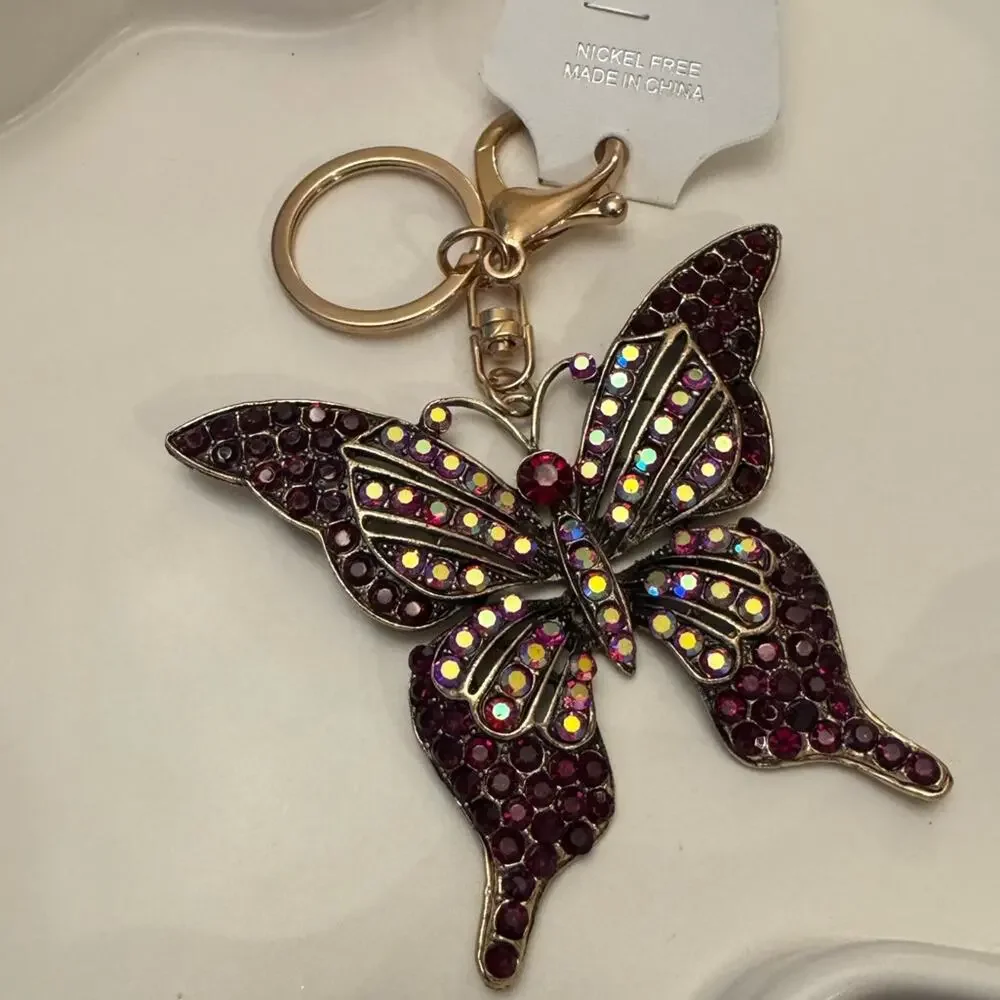 Gold Iridescent Butterfly Charm Keychain - Red